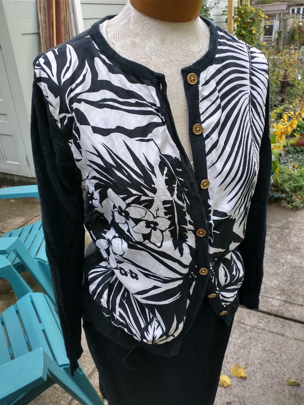 Cardigan: silk/cashmere, black w/ black/white front. Large - by Ralph Lauren